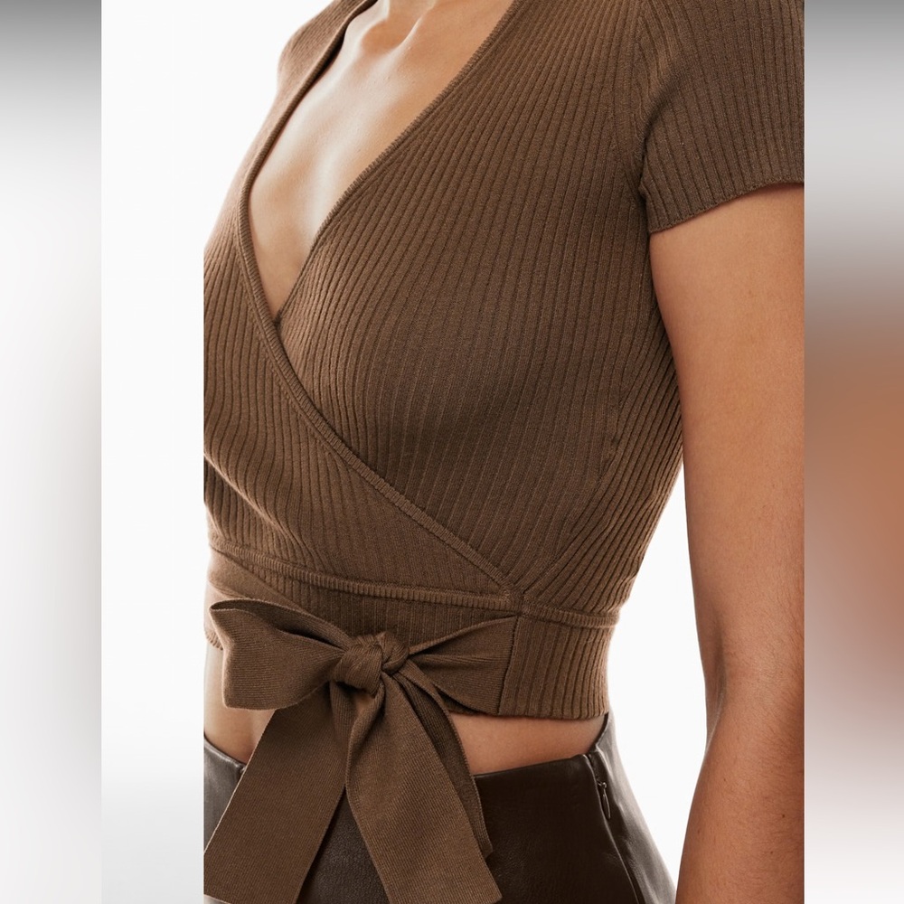 Aritzia Wilfred Chocolate Ribbed Wrap Crop Top